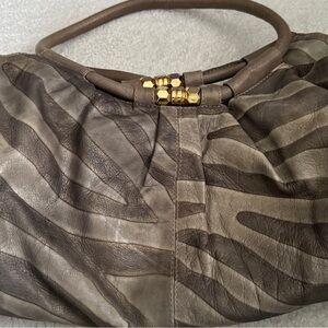Mania Italy genuine leather Zebra print Hobo Bag Taupe/grey